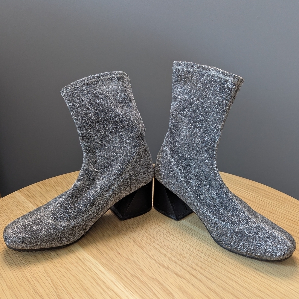 Women's (Size 37) Shimmering Silver No-Slip Ankle Booties With Angled Block Heel